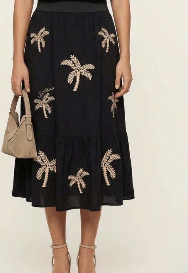 Falda negra larga bordado palmeras - 5981