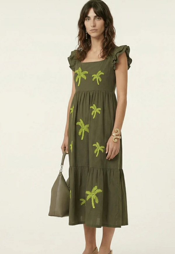 Vestido con palmeras bordadas y volantes - 5972